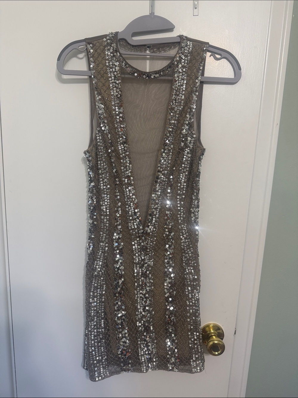 Tobi Taupe Sequin Deep V Cocktail Dress